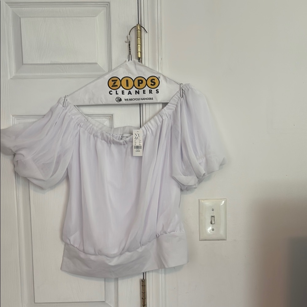 New York & Company White Ruffled Puff Sleeve Blouse